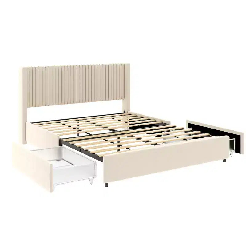 Christopher Knight Home Gelia Upholstered Queen Size Bed with Wingback Headboard and 2-Drawers, Ivory