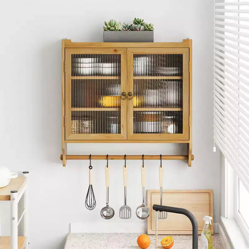 Kitchen Wall Cabinet With Towel Rack, 24.8''Glass Door Vintage Double Door Wall Cabinet With Three Tiers of Storage, for Bathroom, Kitchen,Dining Room
