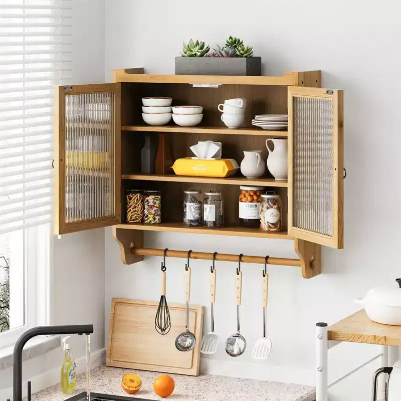 Kitchen Wall Cabinet With Towel Rack, 24.8''Glass Door Vintage Double Door Wall Cabinet With Three Tiers of Storage, for Bathroom, Kitchen,Dining Room