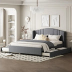 Letto imbottito in lino Queen Size con letto estraibile singolo e 2 cassetti