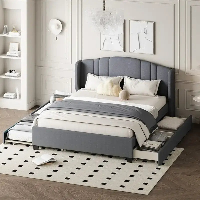 Letto imbottito in lino Queen Size con letto estraibile singolo e 2 cassetti
