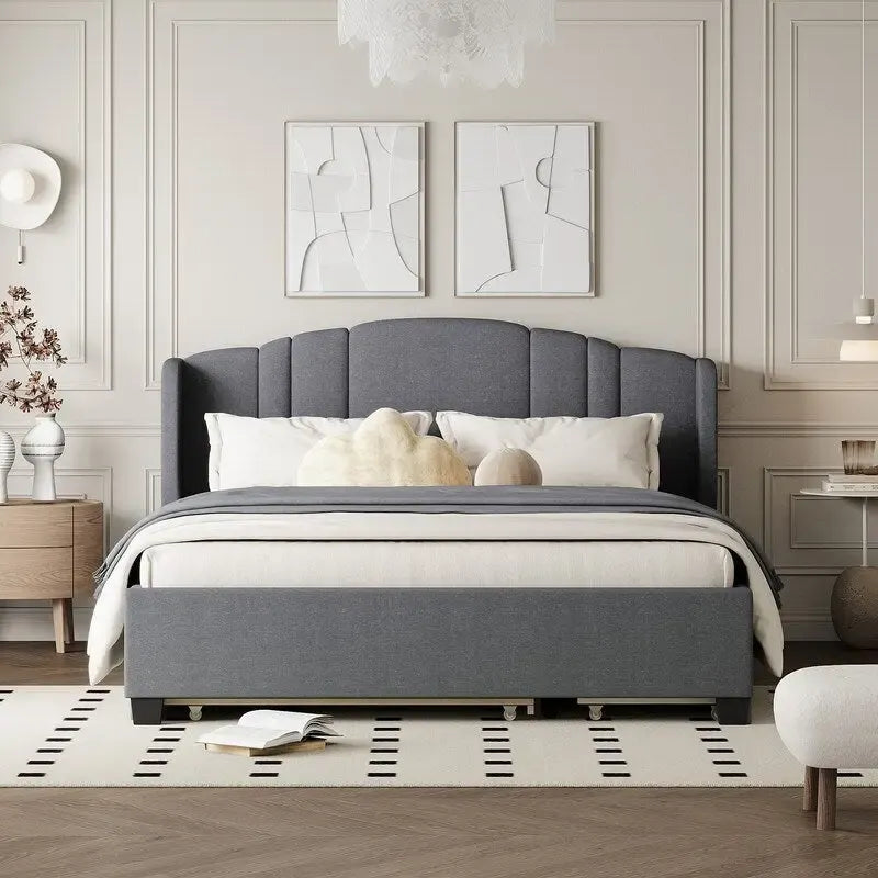 Letto imbottito in lino Queen Size con letto estraibile singolo e 2 cassetti