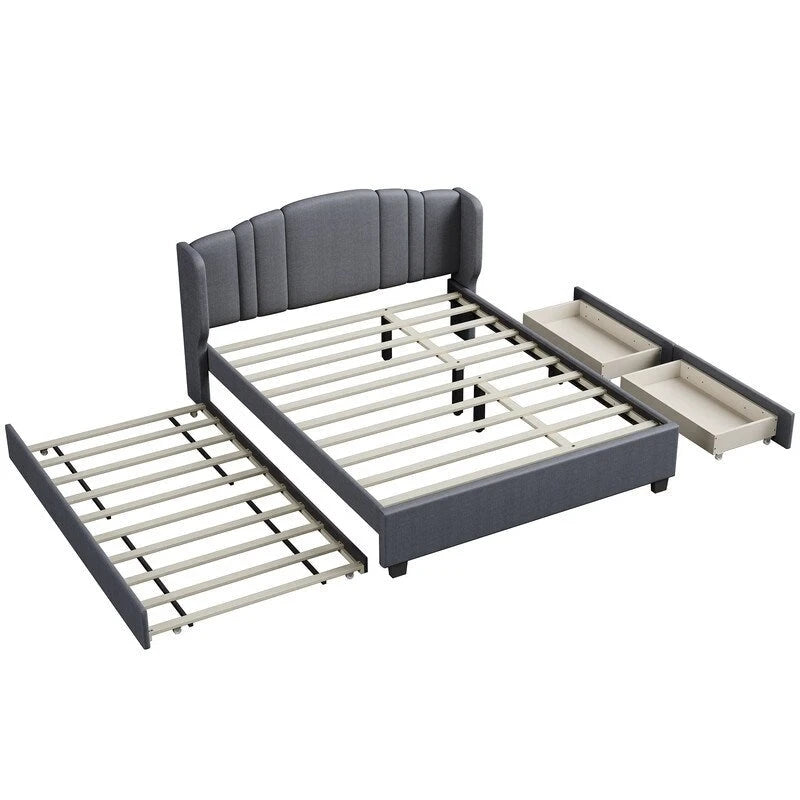 Letto imbottito in lino Queen Size con letto estraibile singolo e 2 cassetti