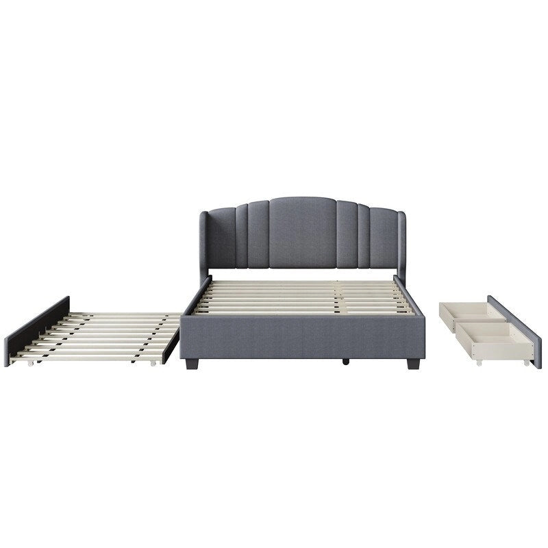 Letto imbottito in lino Queen Size con letto estraibile singolo e 2 cassetti