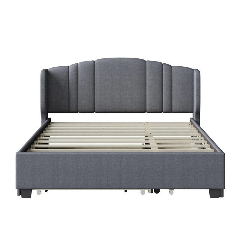 Letto imbottito in lino Queen Size con letto estraibile singolo e 2 cassetti