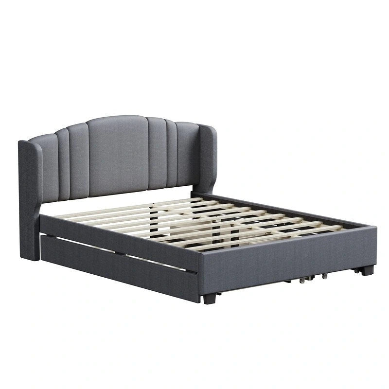 Letto imbottito in lino Queen Size con letto estraibile singolo e 2 cassetti