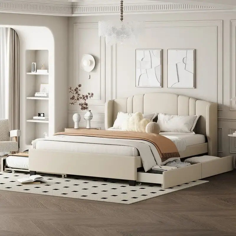 Letto imbottito in lino Queen Size con letto estraibile singolo e 2 cassetti