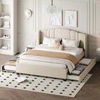 Letto imbottito in lino Queen Size con letto estraibile singolo e 2 cassetti