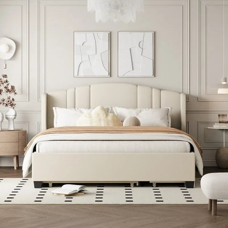 Letto imbottito in lino Queen Size con letto estraibile singolo e 2 cassetti