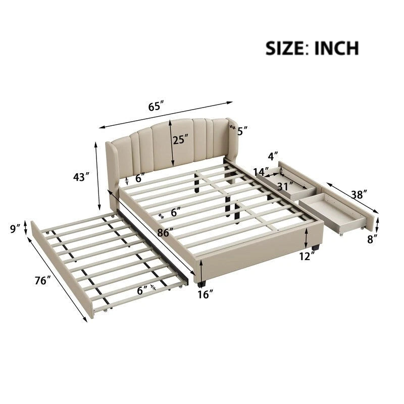 Letto imbottito in lino Queen Size con letto estraibile singolo e 2 cassetti