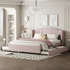Letto imbottito in lino Queen Size con letto estraibile singolo e 2 cassetti