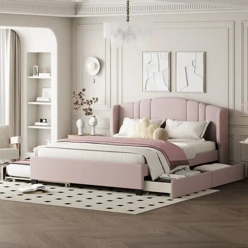 Letto imbottito in lino Queen Size con letto estraibile singolo e 2 cassetti