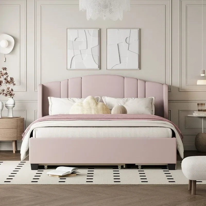 Letto imbottito in lino Queen Size con letto estraibile singolo e 2 cassetti