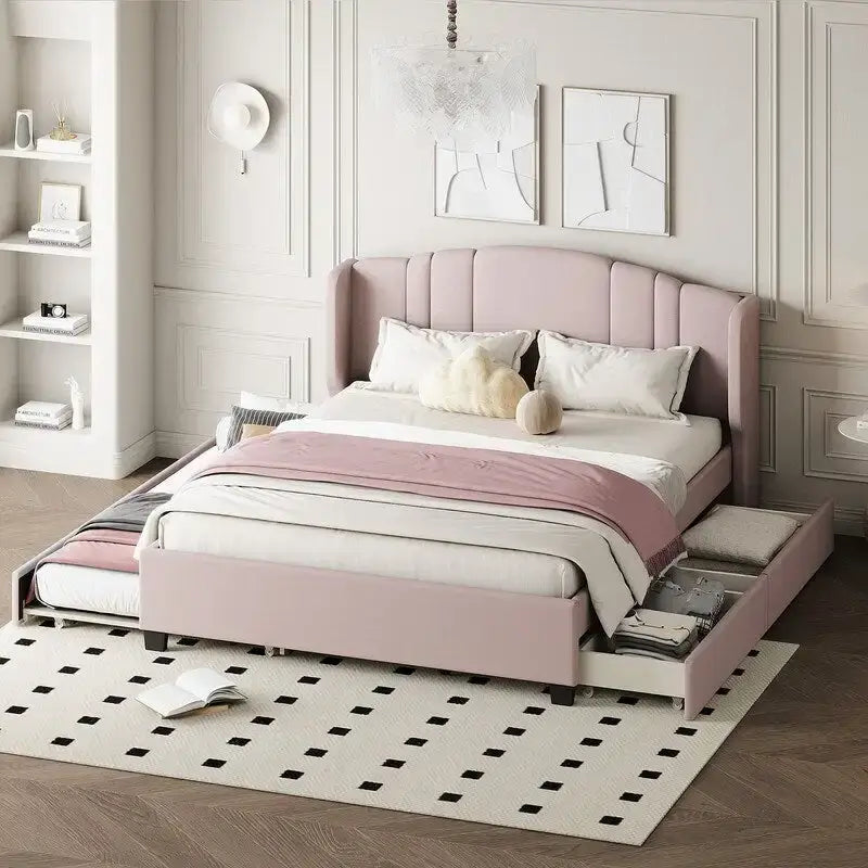 Letto imbottito in lino Queen Size con letto estraibile singolo e 2 cassetti