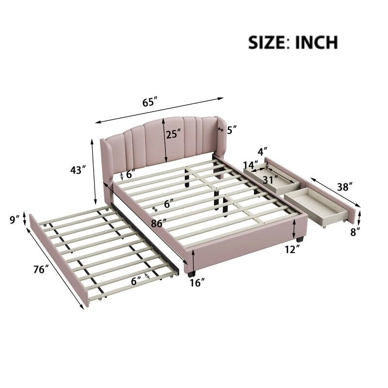 Letto imbottito in lino Queen Size con letto estraibile singolo e 2 cassetti