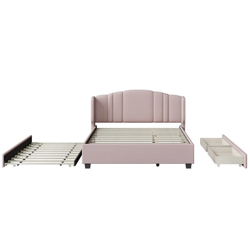 Letto imbottito in lino Queen Size con letto estraibile singolo e 2 cassetti
