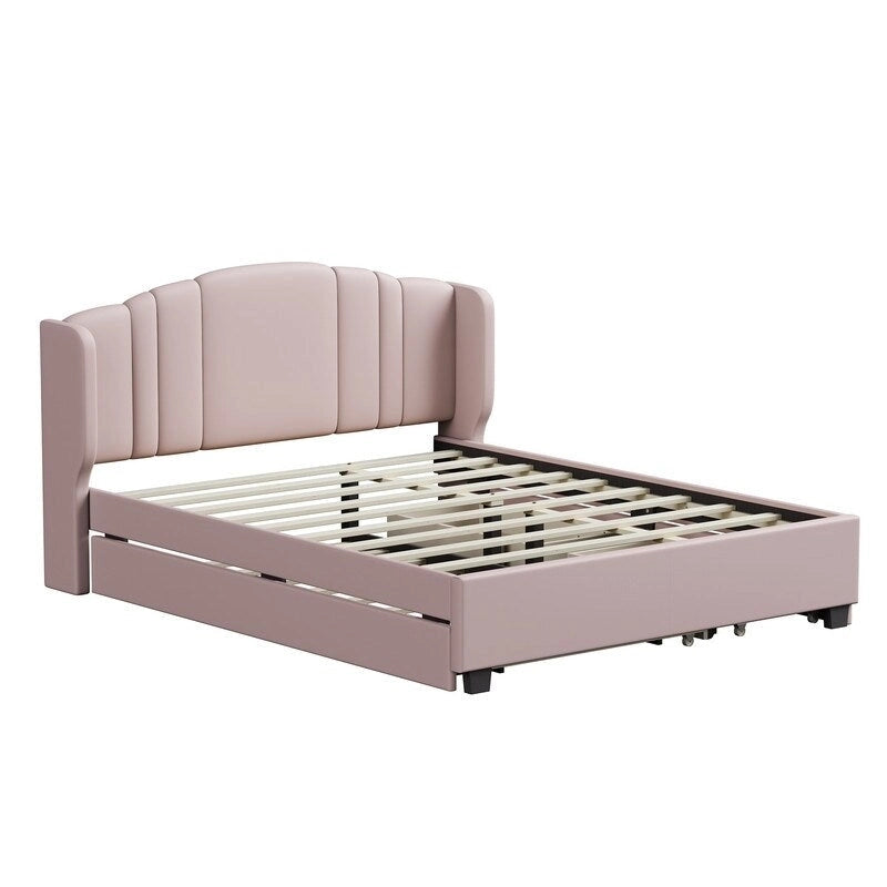 Letto imbottito in lino Queen Size con letto estraibile singolo e 2 cassetti