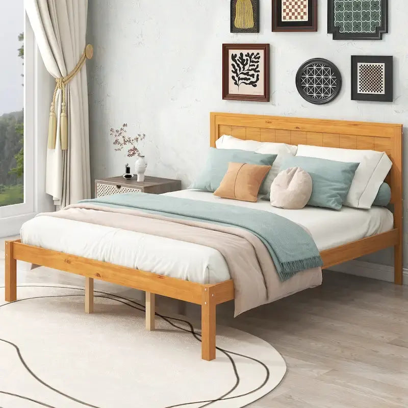 Base letto a piattaforma con testiera, supporto a doghe in legno, non necessita di box spring