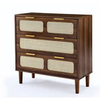Grondin Mid-Century Modern Boho Style 3 Rattan Drawers Chest with MDF Frame and Solid Wood Legs, Chest of Drawers