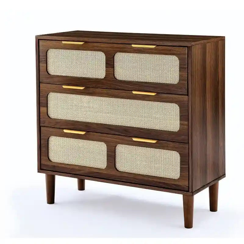 Cassettiera Grondin in stile bohémien moderno di metà secolo con 3 cassetti in rattan, telaio in MDF e gambe in legno massello, cassettiera