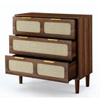 Grondin Mid-Century Modern Boho Style 3 Rattan Drawers Chest with MDF Frame and Solid Wood Legs, Chest of Drawers