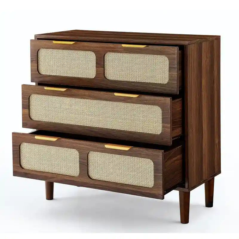 Cassettiera Grondin in stile bohémien moderno di metà secolo con 3 cassetti in rattan, telaio in MDF e gambe in legno massello, cassettiera