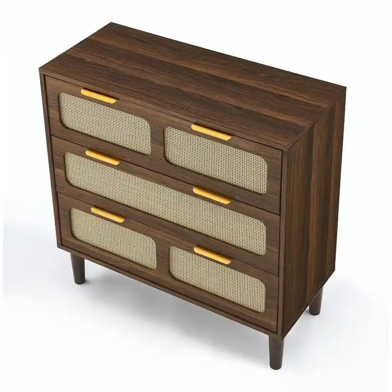 Cassettiera Grondin in stile bohémien moderno di metà secolo con 3 cassetti in rattan, telaio in MDF e gambe in legno massello, cassettiera