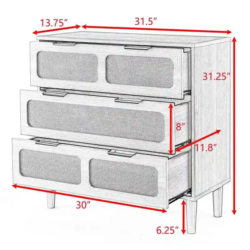 Cassettiera Grondin in stile bohémien moderno di metà secolo con 3 cassetti in rattan, telaio in MDF e gambe in legno massello, cassettiera