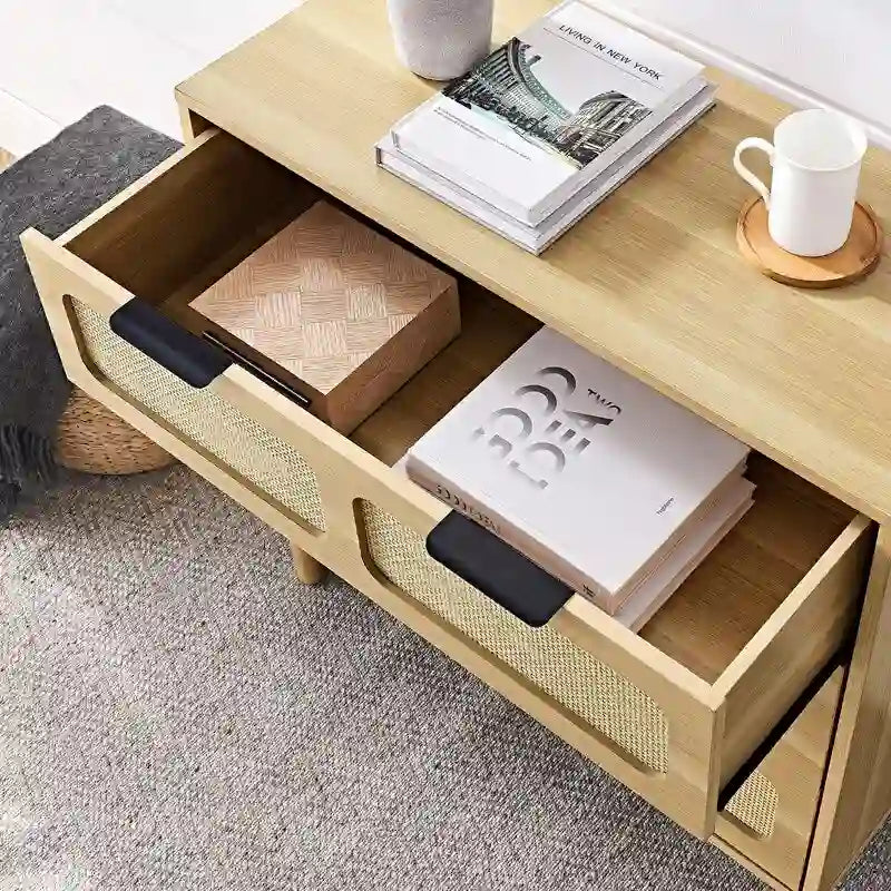 Grondin Mid-Century Modern Boho Style 3 Rattan Drawers Chest with MDF Frame and Solid Wood Legs, Chest of Drawers