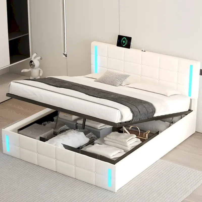 Upholstered Bed with Hydraulic Storage System and USB Charging Station