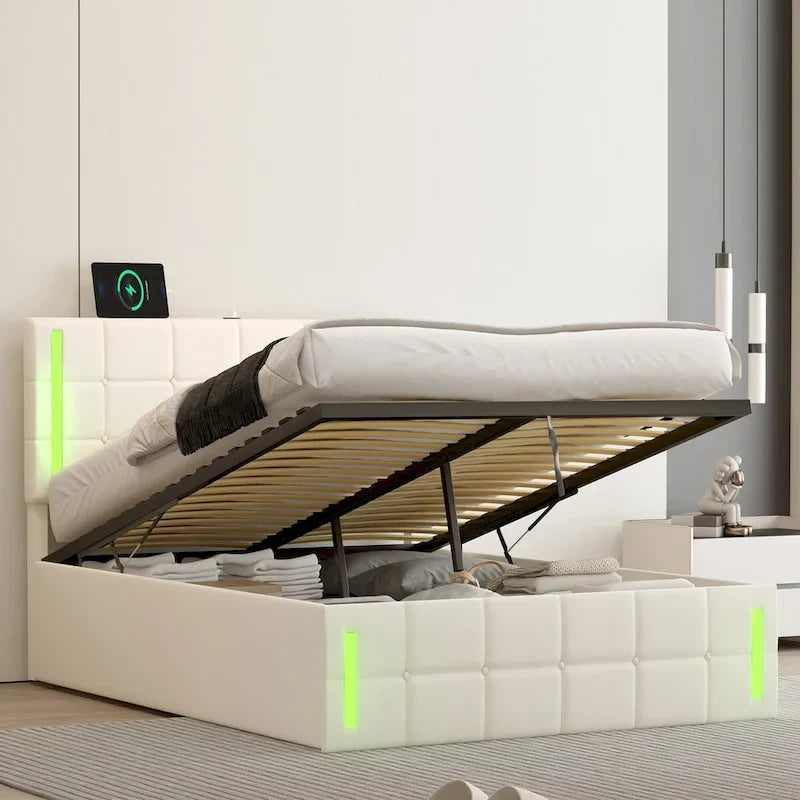 Upholstered Bed with Hydraulic Storage System and USB Charging Station