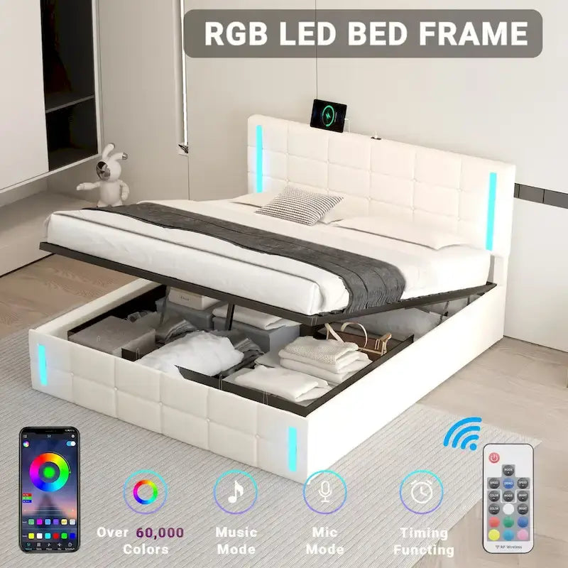 Upholstered Bed with Hydraulic Storage System and USB Charging Station
