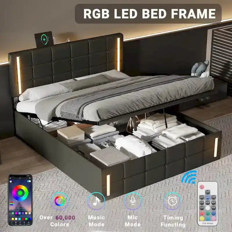 Upholstered Bed with Hydraulic Storage System and USB Charging Station