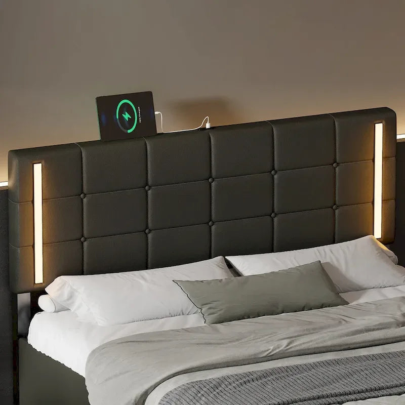 Upholstered Bed with Hydraulic Storage System and USB Charging Station