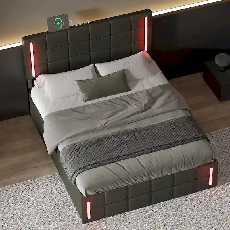Upholstered Bed with Hydraulic Storage System and USB Charging Station