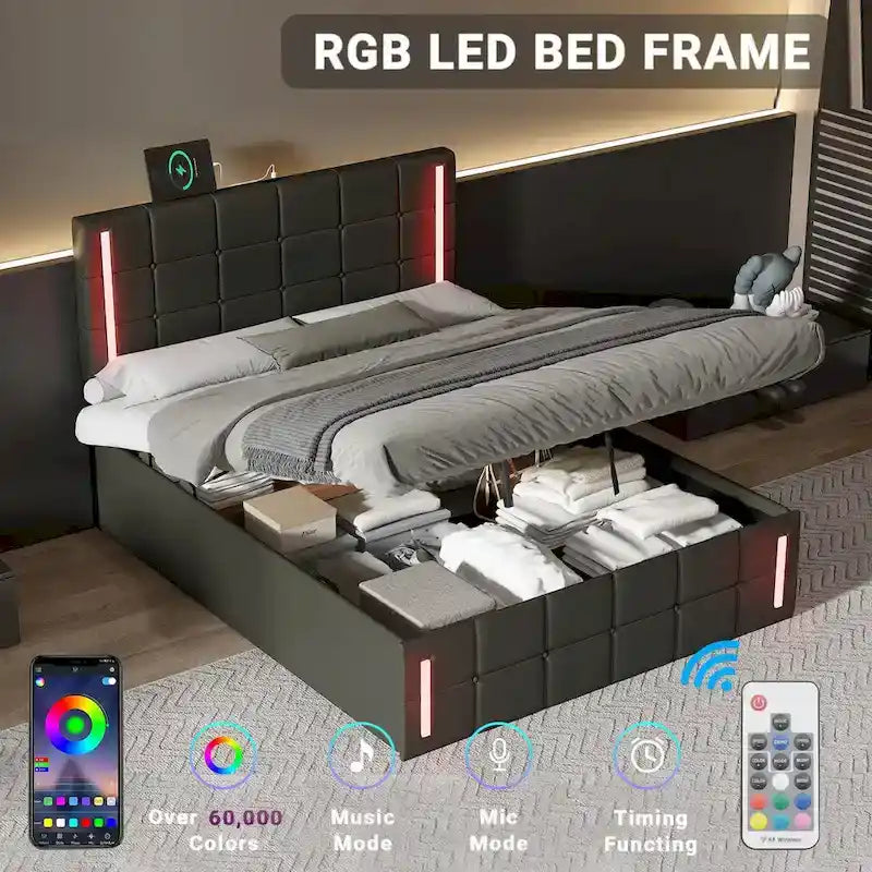 Upholstered Bed with Hydraulic Storage System and USB Charging Station