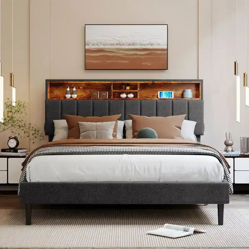 Struttura letto moderna con stazione di ricarica e testiera imbottita in lino, nessun box spring necessario, struttura letto a piattaforma