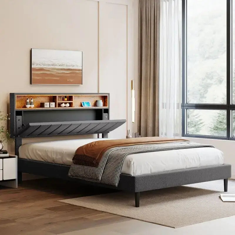 Struttura letto moderna con stazione di ricarica e testiera imbottita in lino, nessun box spring necessario, struttura letto a piattaforma