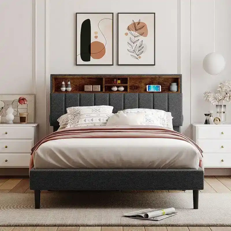 Struttura letto moderna con stazione di ricarica e testiera imbottita in lino, nessun box spring necessario, struttura letto a piattaforma