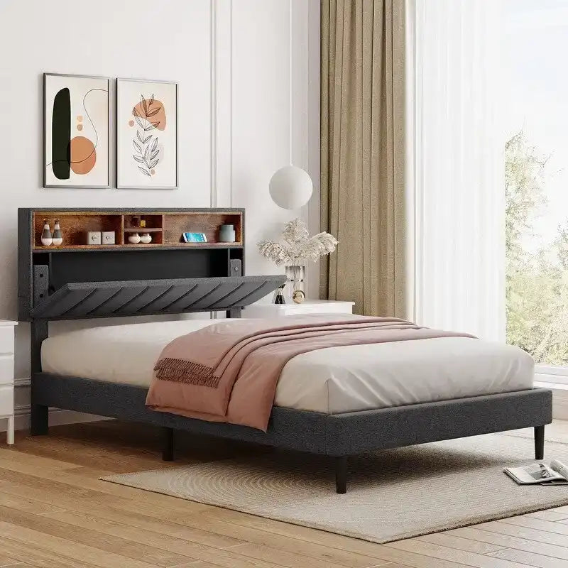 Struttura letto moderna con stazione di ricarica e testiera imbottita in lino, nessun box spring necessario, struttura letto a piattaforma