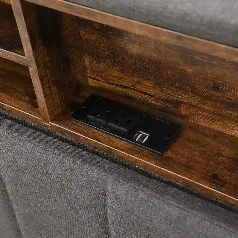 Struttura letto moderna con stazione di ricarica e testiera imbottita in lino, nessun box spring necessario, struttura letto a piattaforma