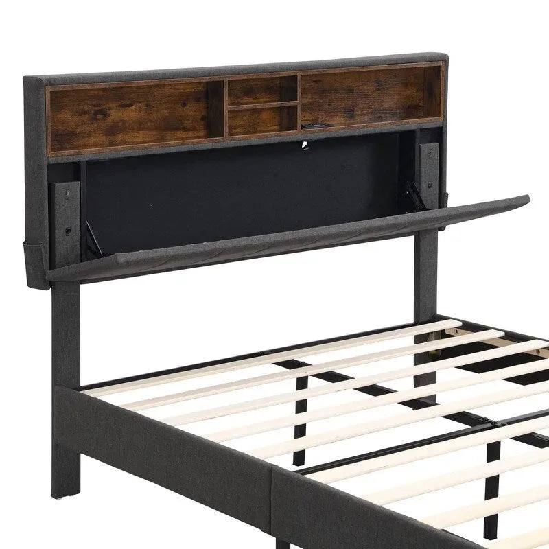 Struttura letto moderna con stazione di ricarica e testiera imbottita in lino, nessun box spring necessario, struttura letto a piattaforma