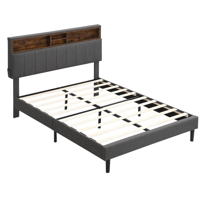 Struttura letto moderna con stazione di ricarica e testiera imbottita in lino, nessun box spring necessario, struttura letto a piattaforma