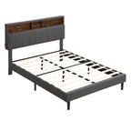 Struttura letto moderna con stazione di ricarica e testiera imbottita in lino, nessun box spring necessario, struttura letto a piattaforma