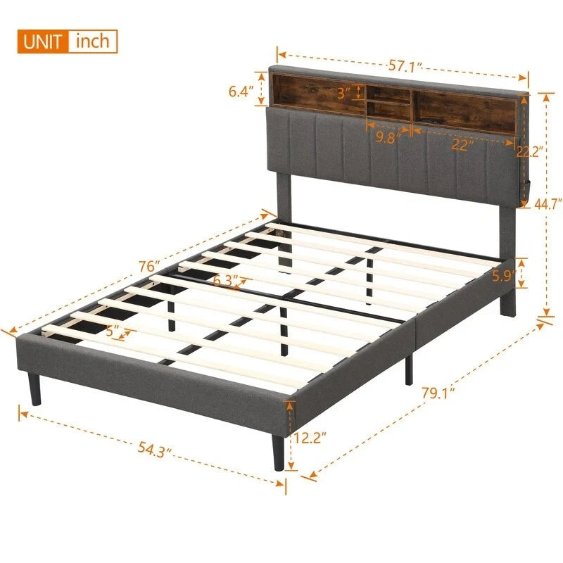 Struttura letto moderna con stazione di ricarica e testiera imbottita in lino, nessun box spring necessario, struttura letto a piattaforma