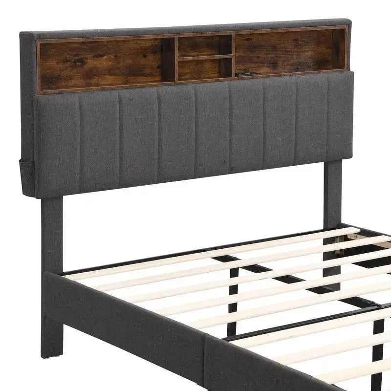Struttura letto moderna con stazione di ricarica e testiera imbottita in lino, nessun box spring necessario, struttura letto a piattaforma