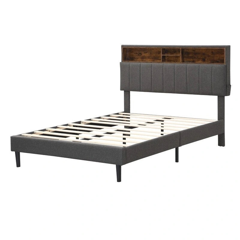 Struttura letto moderna con stazione di ricarica e testiera imbottita in lino, nessun box spring necessario, struttura letto a piattaforma