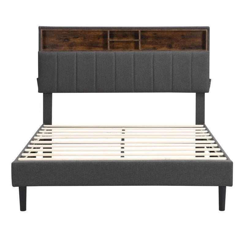 Struttura letto moderna con stazione di ricarica e testiera imbottita in lino, nessun box spring necessario, struttura letto a piattaforma