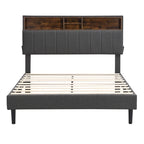Struttura letto moderna con stazione di ricarica e testiera imbottita in lino, nessun box spring necessario, struttura letto a piattaforma
