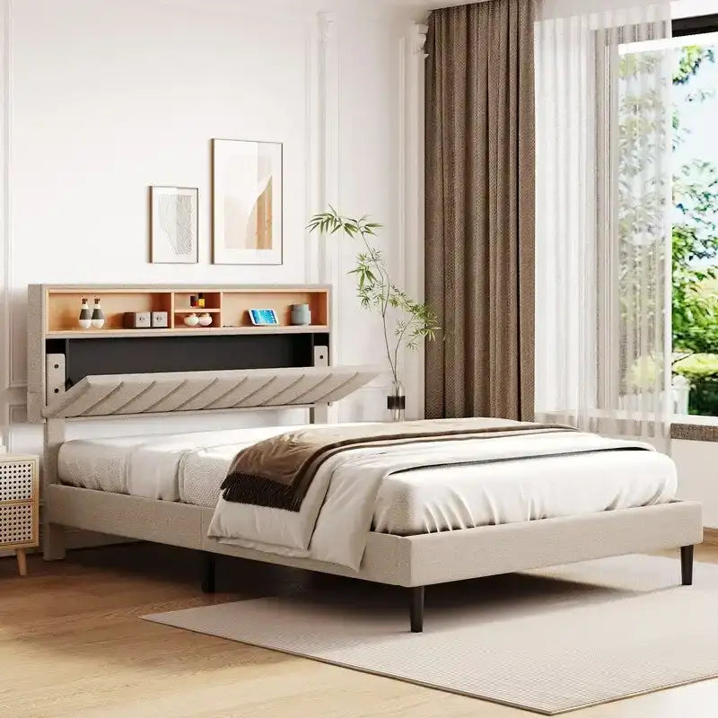 Struttura letto moderna con stazione di ricarica e testiera imbottita in lino, nessun box spring necessario, struttura letto a piattaforma